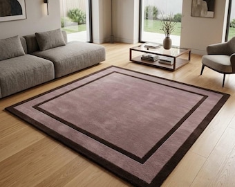 Modern Geometric Border Rug, Mauve Pink Brown Area Rug, Minimalist Neutral Living Room Rug, Hand Tufted Wool Contemporary Carpet, 8×10, 9×12