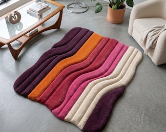 Retro Wavy Wool Rug 70s Striped 3D Sculpted Hand Tufted Orange Pink Purple Plush Statement Floor Art Custom Size Area Rugs 5x8 8x10