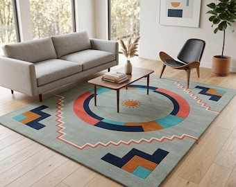 Southwestern Geometric Wool Rug Mid Century Modern 3D Sculpted Light Blue Orange Hand Tufted Plush Art Floor Decor Custom Size 8x10 9x12