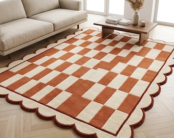 Hand Tufted Wool Rug, Terracotta Cream Checkered Area Rug, Scalloped Border, Modern Living Room Carpet,8×10, 9×12, 10,×14, 12×15