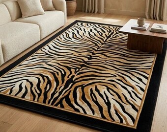 Zebra Print Area Rug, Black Ivory Camel Brown Animal Pattern Rug with Black Border, Modern Luxury Living Room Carpet, 8×10, 9×12, 10×14,