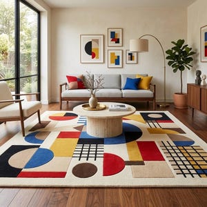 Könnte beinhalten: Ein großer rechteckiger Teppich mit einem geometrischen Muster aus kräftigen Formen in Rot, Blau, Gelb, Schwarz und Beige. Das Design umfasst Kreise, Rechtecke und Gittermuster auf einem cremefarbenen Hintergrund mit einer kurzflorigen Textur.