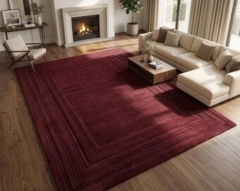 Luxury Burgundy Wool Rug 3D Sculpted Geometric Border Warm Minimalist Wine Red Plush Hand Tufted Living Room Decor Custom Size 8x10 9x12