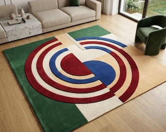 Bauhaus Geometric Wool Rug Mid Century Modern 3D Sculpted Hand Tufted Colorful Plush Statement Floor Art Decor Custom Sizes 8x10 9x12