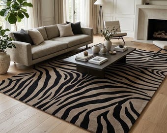 Luxury Zebra Print Rug, Black Taupe Animal Print Area Rug, Modern Designer Living Room Carpet, Contemporary Striped Rug, 8×10, 9×12, 10×14