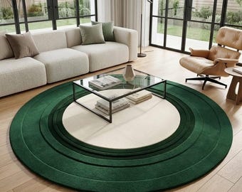 Luxury Round Emerald Green Wool Rug 3D Sculpted Mid Century Modern Minimalist Cream Center Plush Hand Tufted Area Rug Custom Size 8x8
