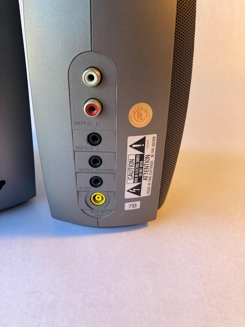 May include: A gray speaker back panel featuring Input 1 with white and red RCA ports, Input 2, Output Woofer, and a yellow DC power port. A UL certification sticker and a black and white caution label with text in English and French are visible.