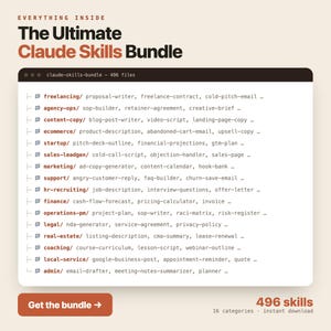 Könnte beinhalten: Ein digitales Dateiverzeichnis mit dem Titel The Ultimate Claude Skills Bundle, das 496 Dateien in 16 Kategorien anzeigt, darunter freelancing, agency-ops, content-copy, ecommerce, startup, sales-leadgen, marketing, support, hr-recruiting und finance.