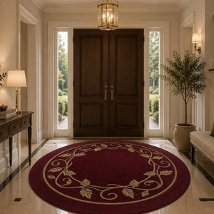 May include: A round, deep burgundy area rug featuring a circular border of light beige, stylised leaf and vine patterns. The rug is centred on a light-coloured marble floor in a foyer, positioned between a wooden console table and a bench.