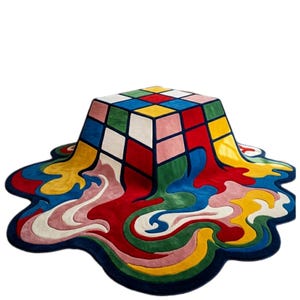 May include: A rug shaped like a cube with a grid of colored squares on top, featuring a melting effect that spills outward in fluid, irregular shapes of red, yellow, blue, green, pink, and white, with a dark blue border outlining the edges.