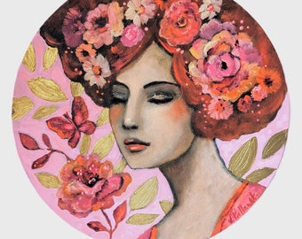 Portrait de femme romantique en rose et or sur format rond. Souffle rose 30 cm
