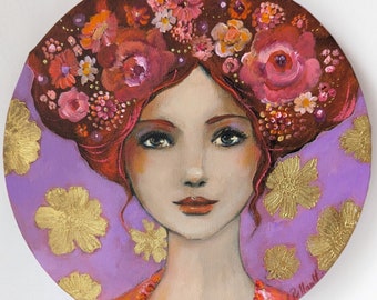 Portrait de femme romantique en mauve et or sur format rond. Lola lilas 30 cm