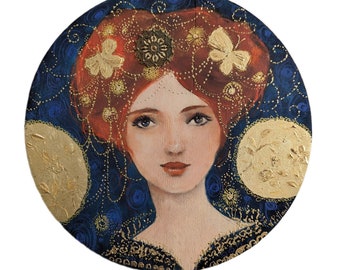 Celestial woman portrait in blue and gold on wood, round painting. Le grand départ.