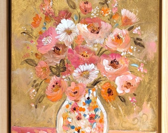 Peinture de fleurs dans un vase, style romantique couleurs de printemps. Le bouquet d'Emilie