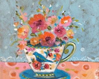 Painting multicolored flowers in a vase 30 x 40 cm ; Fanny's bouquet.