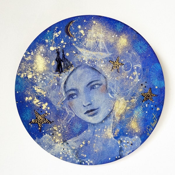 Portrait de femme céleste en bleu et or sur bois, format rond 30 cm. Le grand départ.