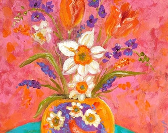 Painting multicolored flowers in a vase 30 x 40 cm ; Fanny's bouquet.