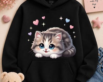 Diseño de gatito esponjoso por sublimación / Gráfico de gato kawaii para camisetas infantiles
