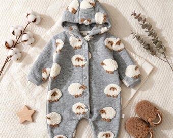 Lamb Plush Baby Romper, Hooded Sheep Jumpsuit, Fleece Winter Baby Outfit, Cozy Newborn Onesie, Baby Shower Gift