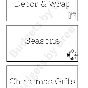 May include: Three rectangular white labels with black borders and text. The first reads Christmas Decor & Wrap with a gift icon. The second reads Seasons with a weather icon. The third reads Christmas Gifts with a gift icon. All have a watermark.