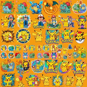 May include: A collection of colorful stickers featuring various Pokémon characters including Pikachu, Charmander, Bulbasaur, Squirtle, and Eevee, along with the trainer Ash Ketchum, displayed on an orange background with the text Pokémon.