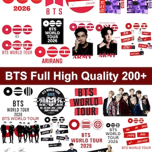 以下が含まれることがあります： BTSのロゴ、BTS IS BACK 2026、BTS WORLD TOUR 2026、ARIRANGというテキスト、メンバーの個人写真や集合写真、メンバー名、サイン、そして数字の95と94がデザインされたデジタルグラフィック素材のコレクションです。