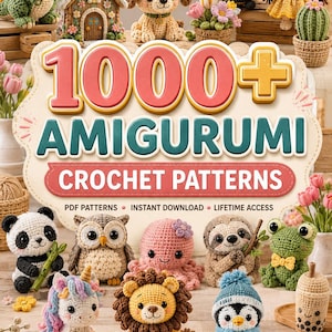 Könnte beinhalten: Eine Sammlung verschiedener gehäkelter Amigurumi-Figuren, darunter ein grüner Dinosaurier, ein Welpe, eine Biene, eine Puppe, ein Panda, eine Eule, ein Oktopus, ein Faultier, ein Frosch, ein Einhorn, ein Löwe und ein Pinguin mit dem Text 1000+ AMIGURUMI CROCHET PATTERNS.