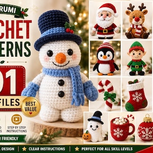 May include: A collection of 101 amigurumi crochet patterns in PDF format featuring a central snowman wearing a blue hat and scarf. The image displays various holiday-themed designs including a Santa, reindeer, gingerbread man, penguin, elf, bear, candy cane, stocking, angel, ghost, cocoa mug, ornament, and polar bear.