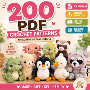 May include: A collection of 200 PDF crochet patterns for amigurumi animals. The image features crocheted figures including a green dragon, a cream llama, a black and white penguin, a white duck, and a grey raccoon wearing a pink hat.