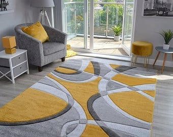 Modern Geometric Area Rug, Mustard Gray Abstract Rug, Contemporary Living Room Carpet, Handmade Wool Rug, Modern Home Decor, Large Floor Rug