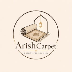 May include: A circular logo featuring a rolled-up beige carpet with a geometric pattern, an arched doorway, and a hanging lantern. The text Arish Carpet is centered below the illustration, with the tagline QUALITY YOU CAN FEEL underneath.