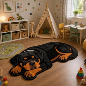 May include: A black and tan Rottweiler dog shaped area rug with a soft plush texture. The rug features a detailed illustration of a dog lying down with its head resting on its front paws, showcasing black fur with tan markings on the face and legs.