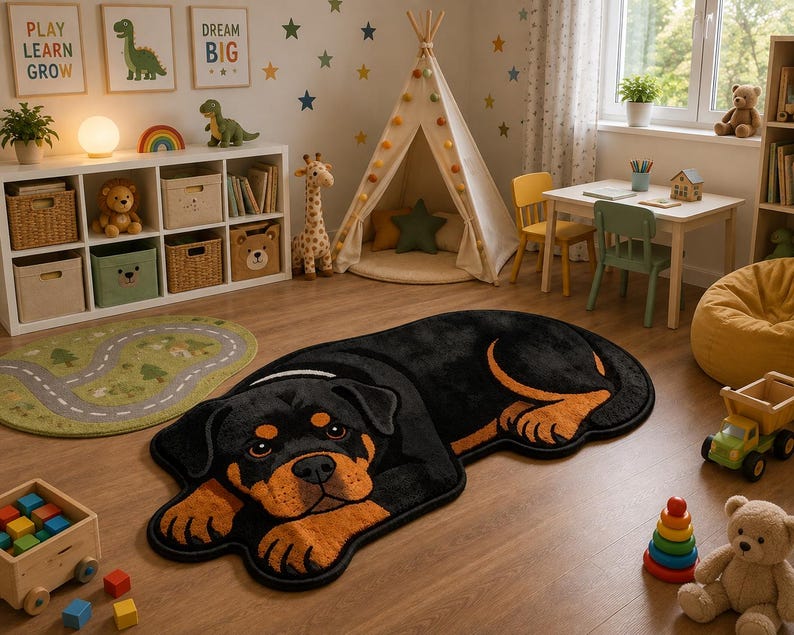 May include: A black and tan Rottweiler dog shaped area rug with a soft plush texture. The rug features a detailed illustration of a dog lying down with its head resting on its front paws, showcasing black fur with tan markings on the face and legs.