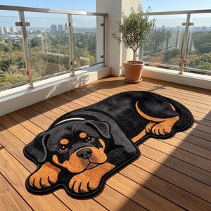 May include: A plush, shaped area rug designed to look like a Rottweiler dog lying down. The rug features a black coat with tan markings on the face, chest, and paws, with a soft, textured surface that mimics the appearance of a resting canine.