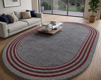 Gray Oval Area Rug, Burgundy Stripe Wool Rug, Modern Contemporary Living Room Carpet
