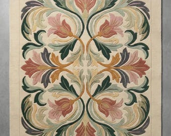 Vintage Art Nouveau Botanical Area Rug, Ivory Floral Carpet, Cottagecore French Country