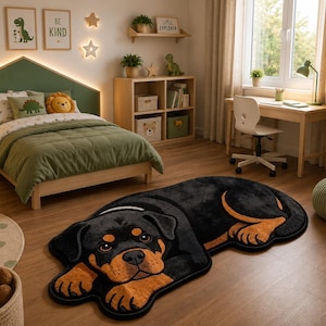 May include: A black and tan Rottweiler dog-shaped area rug featuring a realistic illustration of the canine lying down. The rug has a soft, textured surface with detailed markings on the face and paws, designed to mimic the appearance of the breed.