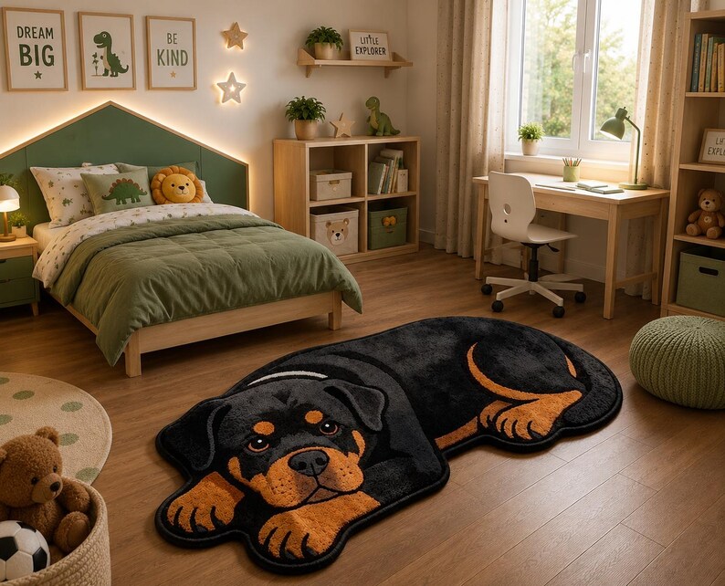May include: A black and tan Rottweiler dog-shaped area rug featuring a realistic illustration of the canine lying down. The rug has a soft, textured surface with detailed markings on the face and paws, designed to mimic the appearance of the breed.