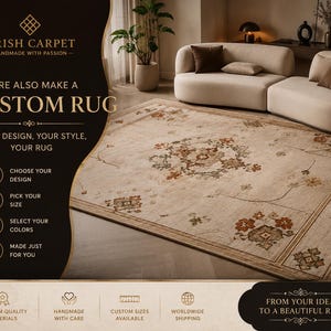 May include: A rectangular area rug with a beige base featuring a central floral medallion and border patterns in muted orange, green, and brown tones. The rug is displayed in a room with a curved beige sofa and includes text about custom rug services.