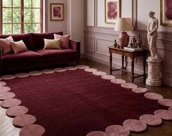 Maroon Scalloped Hand Tufted Rug | Wavy Border Wool Area Rug in Burgundy and Pink | Modern Abstract Irregular Rug | Maximalist Home Decor