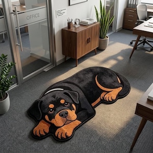 May include: A plush area rug shaped like a Rottweiler dog lying down. The rug features a black coat with tan markings on the face, chest, and paws, with a detailed illustration of the dog's head, ears, and body in a soft, textured material.