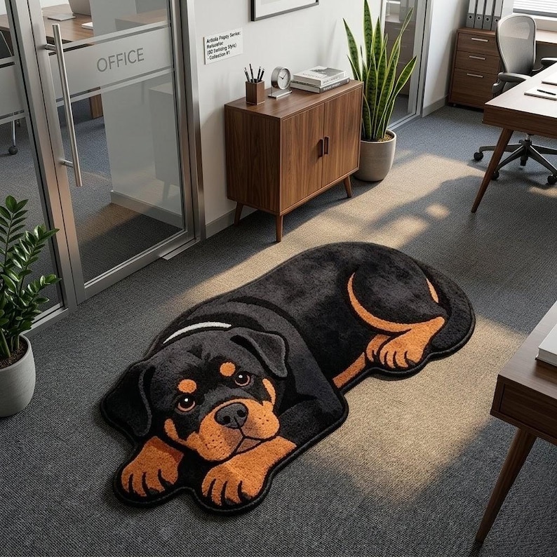 May include: A plush area rug shaped like a Rottweiler dog lying down. The rug features a black coat with tan markings on the face, chest, and paws, with a detailed illustration of the dog's head, ears, and body in a soft, textured material.