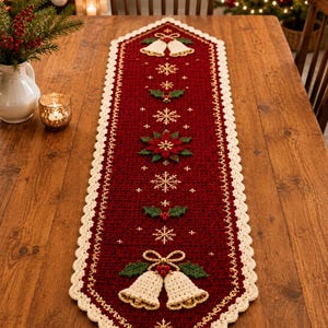 Peut inclure: Un long chemin de table rectangulaire en crochet rouge foncé avec une bordure festonnée crème. Le chemin de table est orné de flocons de neige dorés brodés, de feuilles de houx vertes avec des baies rouges et de deux paires de cloches en crochet crème.