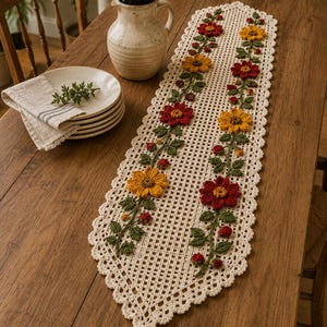 May include: A long, rectangular cream-colored crochet table runner featuring an open grid pattern and a scalloped edge. The runner is decorated with two vertical rows of three-dimensional crocheted flowers in red and yellow with green leaves.