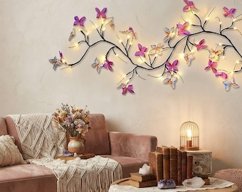 Vlinderwandlamp | LED-wanddecoratie met vlindertak, boho-woonaccessoire, decoratie voor de tuinkamer, cadeau voor mama, 178 cm