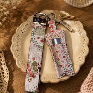 Key wristlet with chapstick pocket, handmade cotton keychain loop