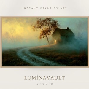 Misty Landscape Frame TV Art, Vintage House Painting, Moody Digital Download
