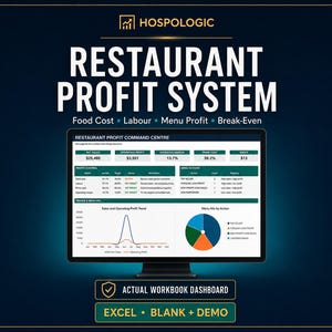 May include: A digital display showing the Hospologic Restaurant Profit System dashboard. The screen features a Restaurant Profit Command Centre with data tables, a line graph for sales trends, and a pie chart for menu mix, plus Excel buttons.