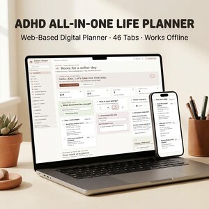 May include: ADHD ALL-IN-ONE LIFE PLANNER Web-Based Digital Planner 46 Tabs Works Offline displayed on a laptop and smartphone screen. The interface features a dashboard with sections for daily tasks, energy tracking, water intake, and calendar events.