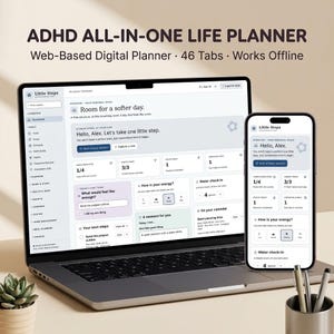 May include: A laptop and a smartphone displaying the ADHD All-in-One Life Planner, a web-based digital planner with 46 tabs that works offline. The screen shows a dashboard with task lists, habit trackers, energy levels, and calendar entries.